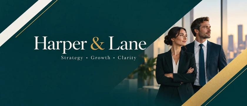 Business Twitter banner with Harper & Lane in serif on deep teal with a gold stripe