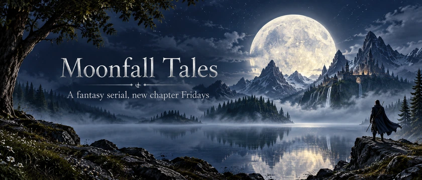 Twitter banner for an author with a full moon over mountains and the title Moonfall Tales