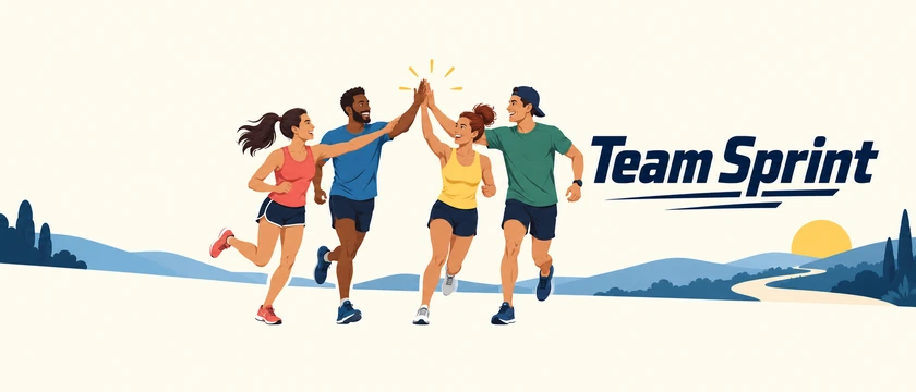 Illustrated Twitter banner of cartoon athletes high-fiving with the words Team Sprint