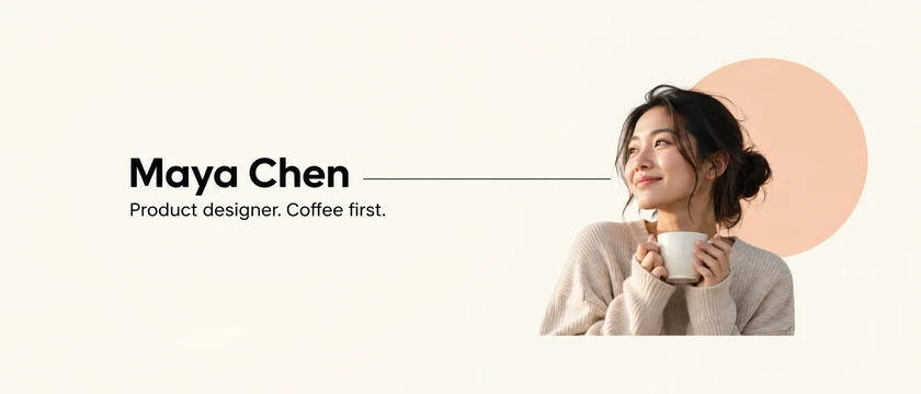 Minimal Twitter header with the name Maya Chen on off-white and a peach circle