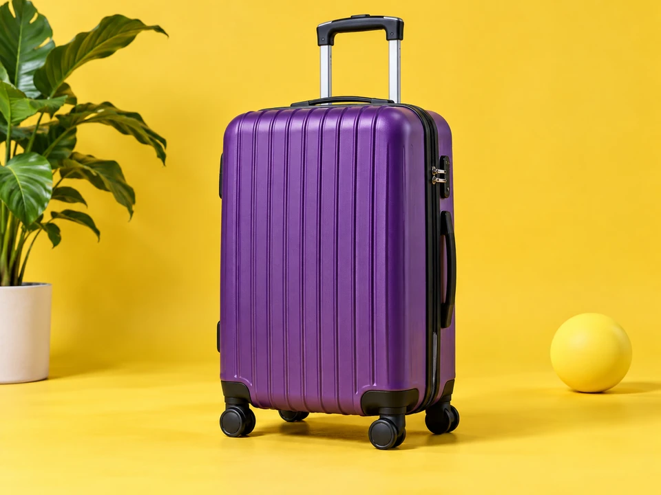 Drag to compare the blurry product photo of a purple suitcase and the sharp version (after)