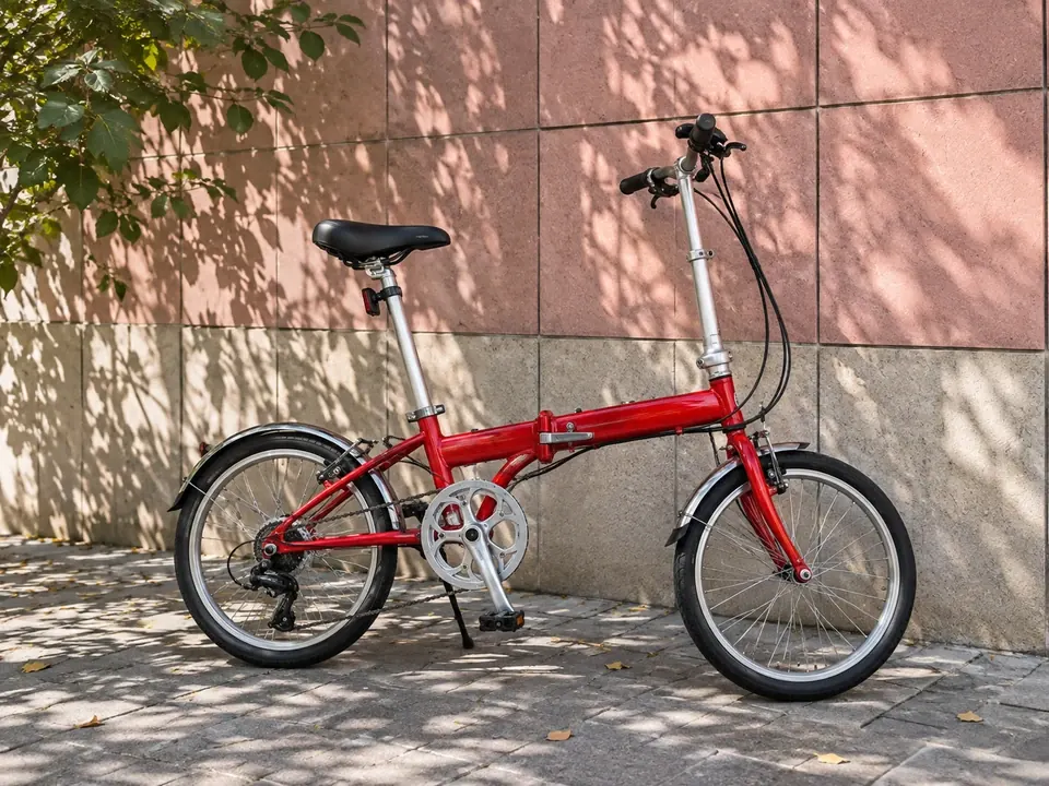 Drag to compare the shaky photo of a red folding bike and the unblurred version (after)
