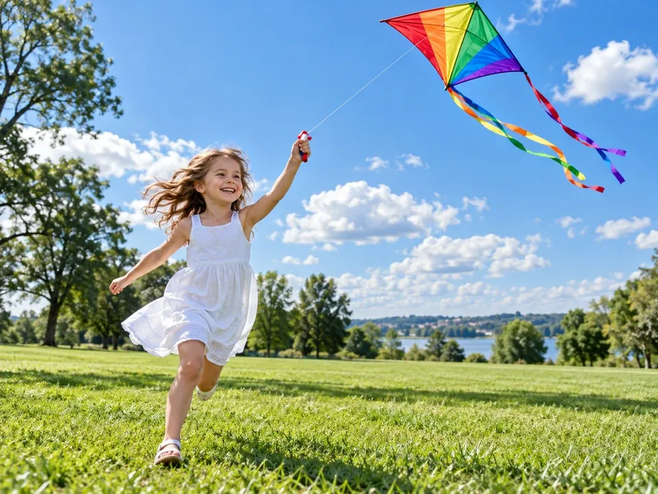 Drag to compare the motion-blurred photo of a girl flying a kite and the clear image (after)