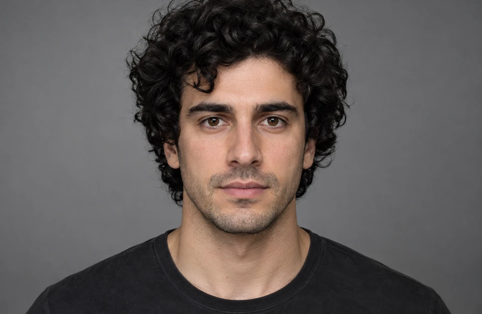 Drag to compare the out of focus face of a curly-haired man and the unblurred portrait (after)