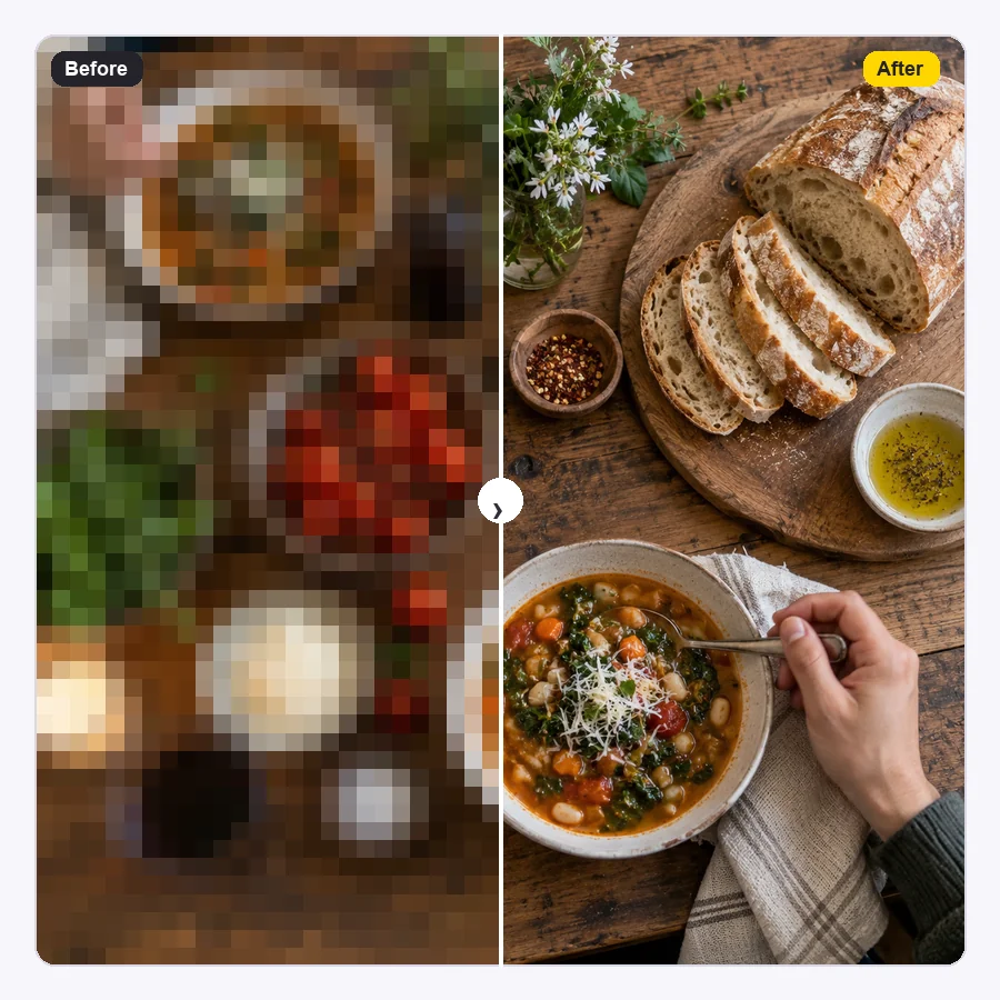 Pixelated overhead food video frame cleaned into a sharp, detailed frame
