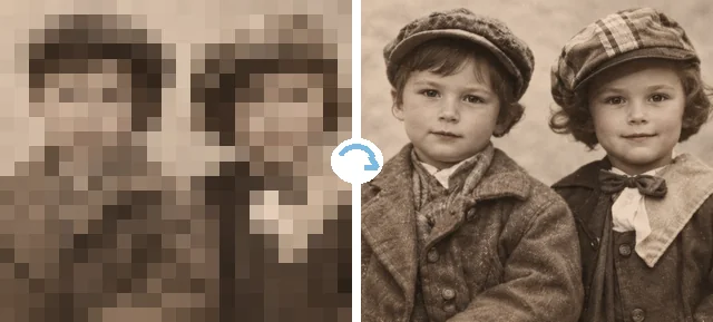 Pixelated vintage photo of two boys in caps next to the clear restored photo