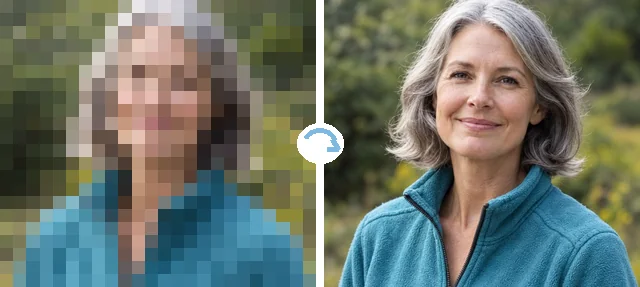 Pixelated portrait of an older woman next to the unpixelated, sharp version