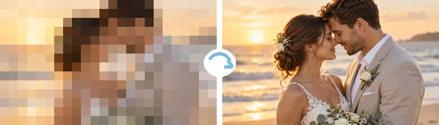 Pixelated beach wedding photo next to the clear unpixelated photo