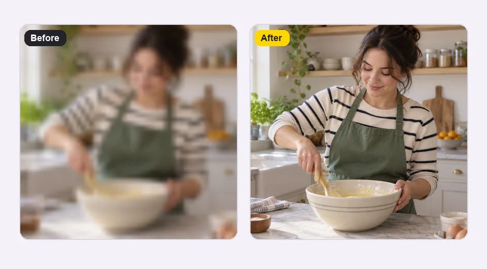 Cooking video frame shown soft and low quality on the left and sharp on the right
