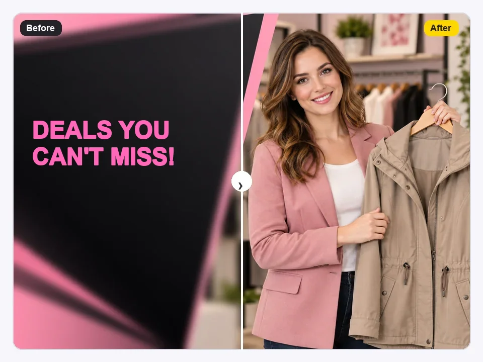 Promotional video frame with blurry sale text on the left and a sharp version on the right