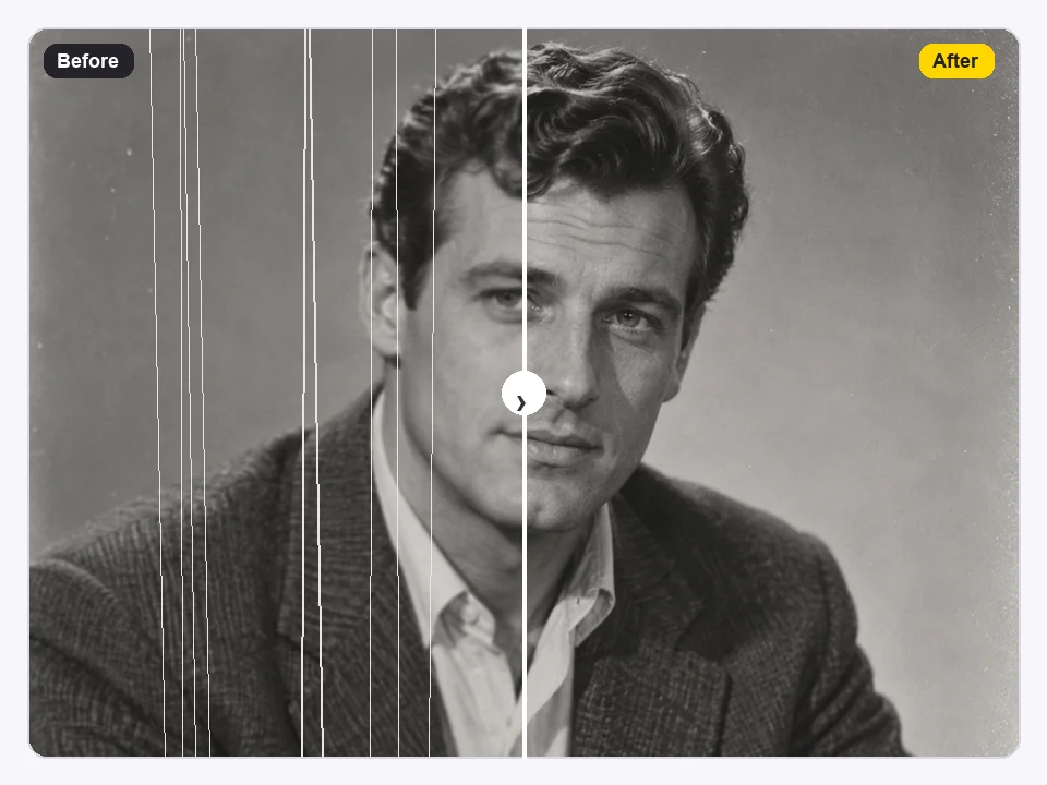 Grainy black-and-white portrait frame restored into a clean, detailed frame