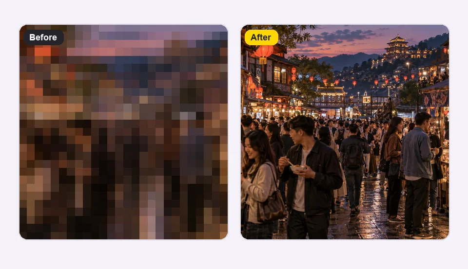 Crowded night market frame at 480p next to the upscaled 4K frame