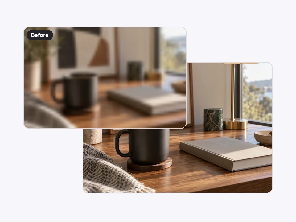 Still-life video frame labeled 1080p above the same frame upscaled to 4K