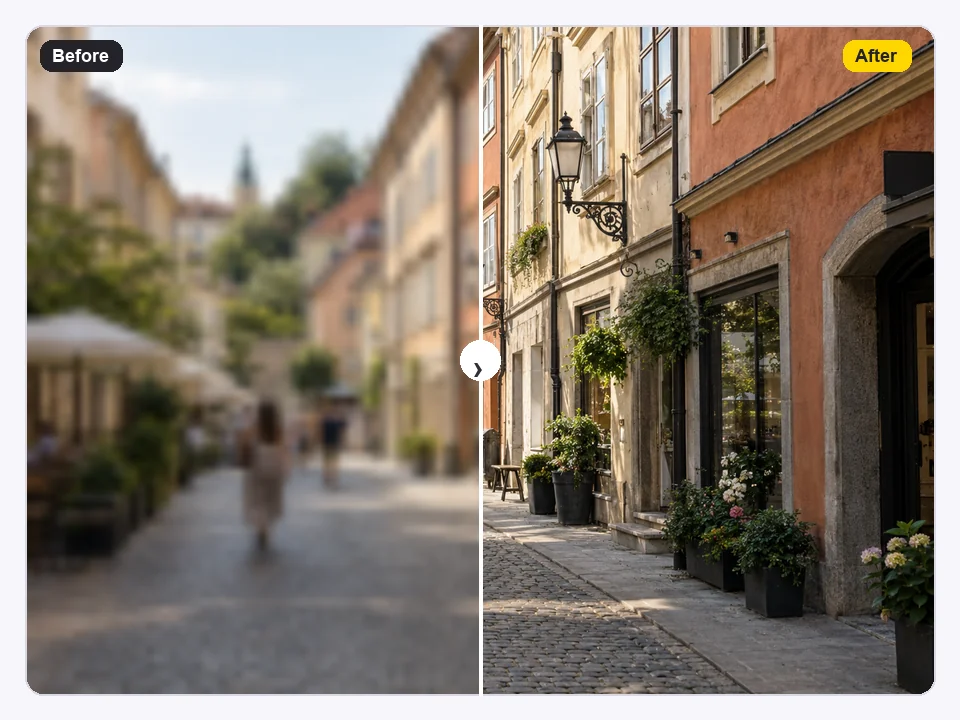 Street scene video frame at 1080p beside the 4K upscaled frame with sharper buildings and signs