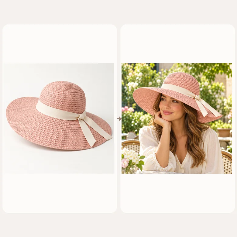 Straw hat with red flowers as a product photo and worn by a smiling woman