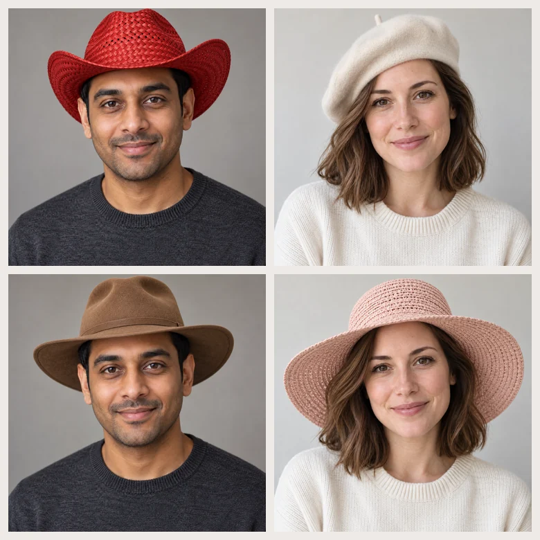 Four people wearing different hats: a red cowboy hat, a rust fedora, a brown outback hat and a blue derby hat
