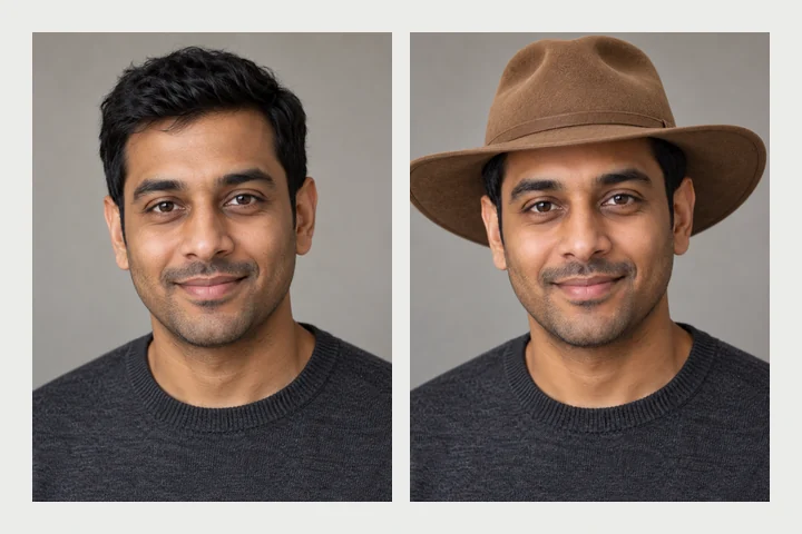 Brown outback hat product photo next to the same hat worn by a man on a windy coast