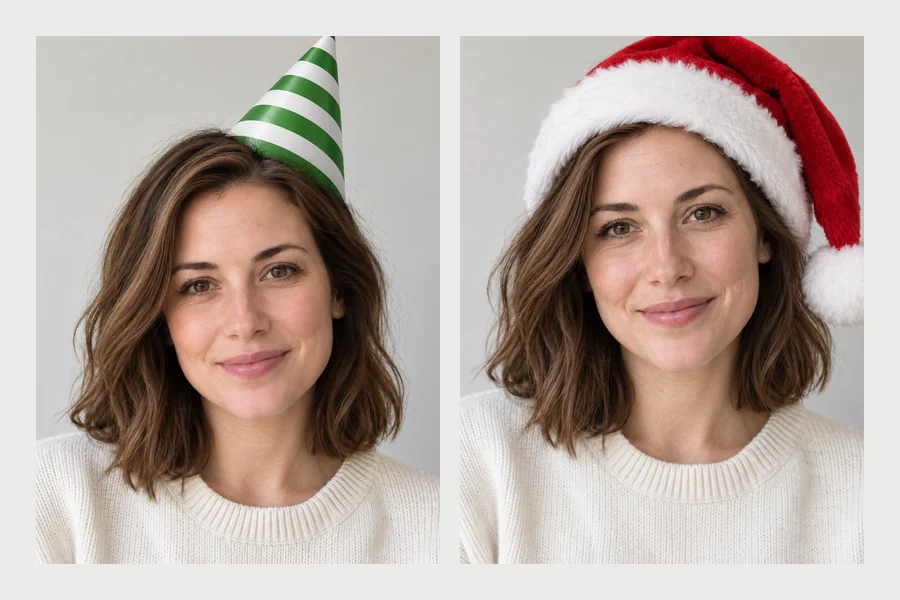 A man in a cone-shaped birthday party hat next to a woman in a red Santa hat