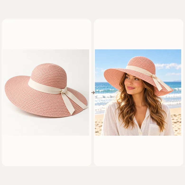 Pink sun hat product photo on a rock turned into the same hat worn by a woman on a beach