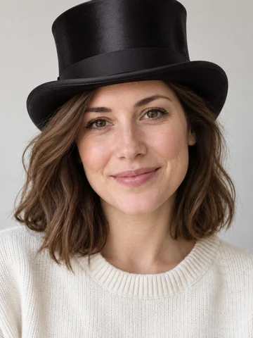 Woman in a black top hat and a green blazer