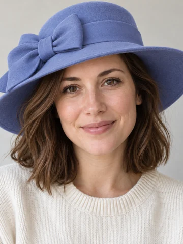 Woman in a blue wide-brim derby hat with a bow on a city street