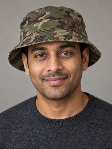 Bearded man in a camouflage bucket hat