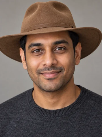Man with windswept hair in a brown outback hat on a stormy coast