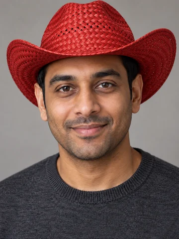 Smiling man in a red straw cowboy hat and a gray hoodie