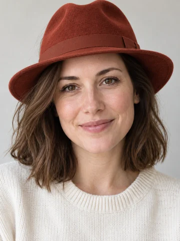 Woman in a rust red fedora on a beach at golden hour