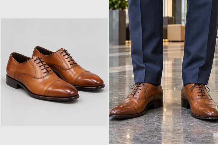 Brown oxford shoe product photo next to the same shoes worn with navy trousers