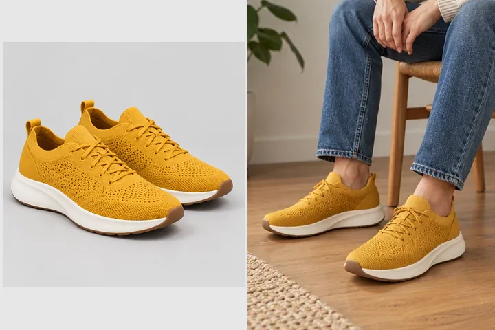 Mustard knit sneaker product photo and the same sneakers worn by a seated model