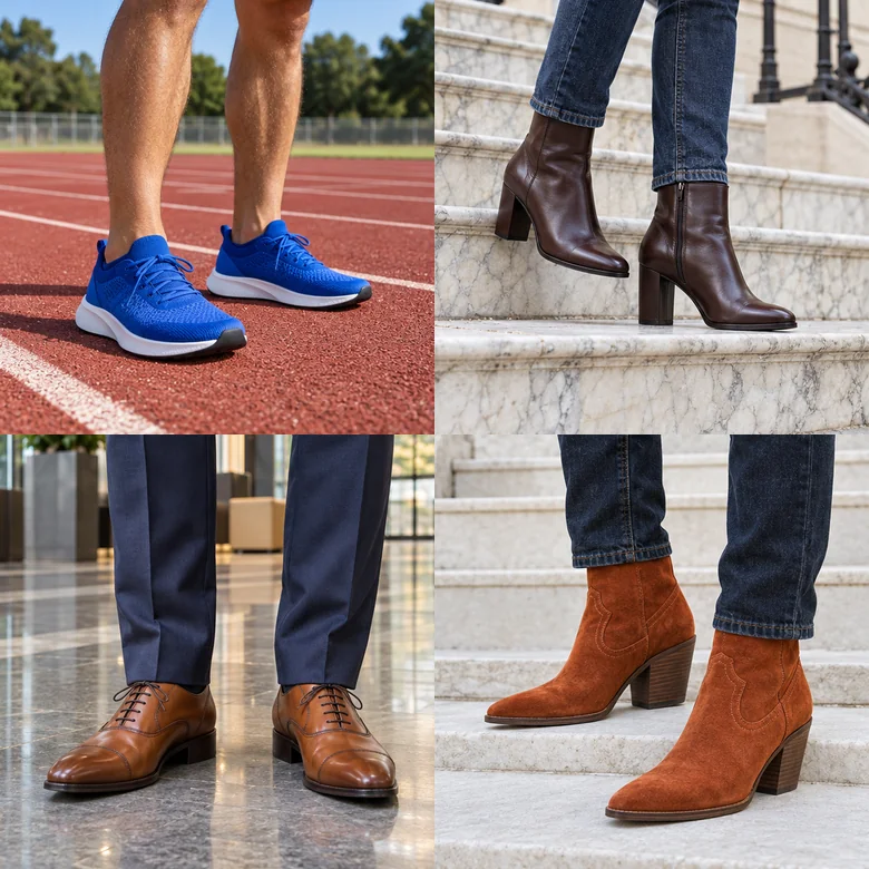 Four shoe try on results: running shoes, heeled ankle boots, oxford shoes and western boots