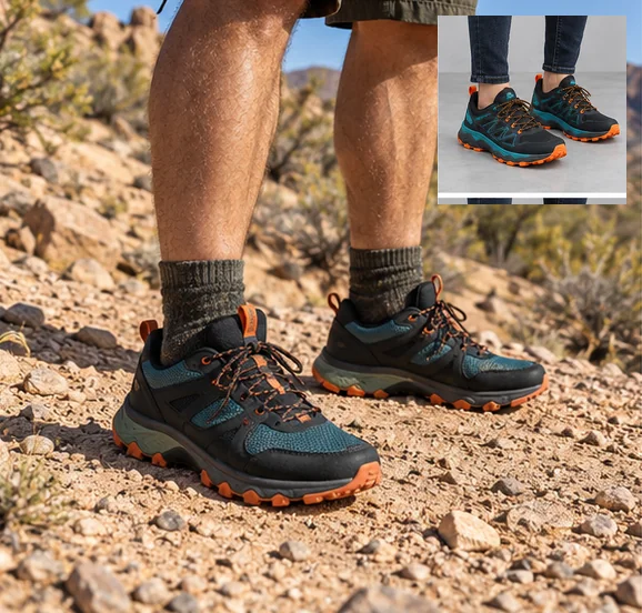 Trail running shoe product photo and the same shoes worn by a hiker on a desert trail