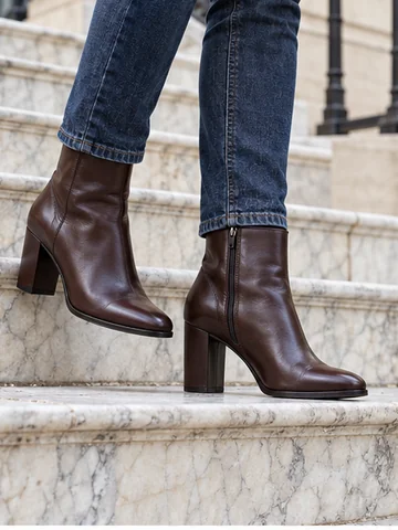 Dark brown heeled ankle boots worn with jeans on marble steps
