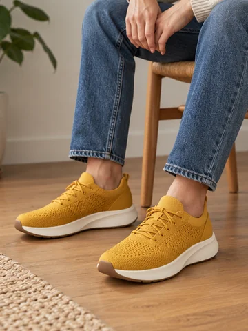 Mustard knit sneakers worn by a man sitting on a wooden chair