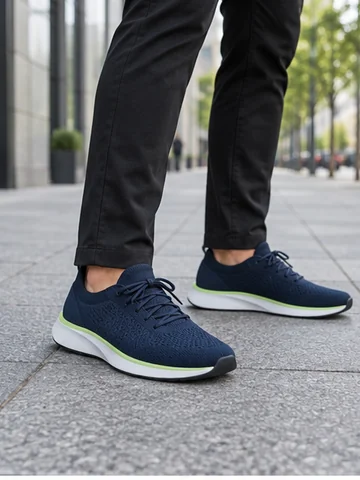 Navy knit sneakers with a neon-yellow sole worn with black leggings