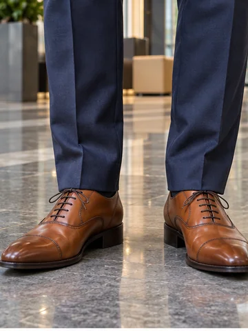 Cognac brown oxford shoes worn with navy trousers in an office