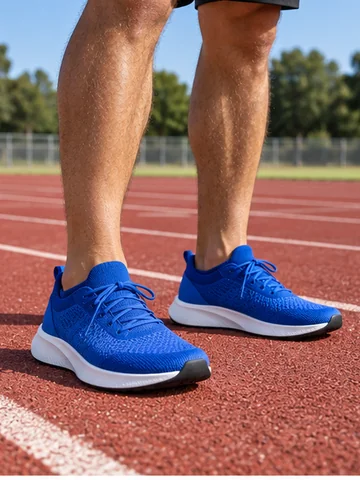 Bright blue running shoes worn on a running track