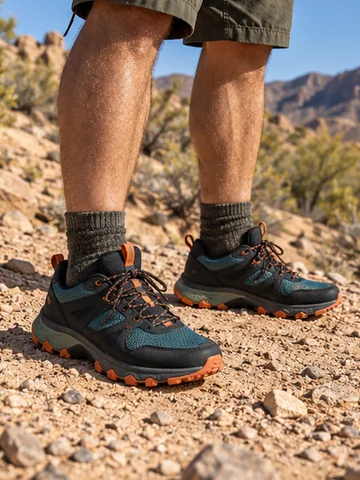 Black and teal trail running shoes worn by a hiker on a desert trail