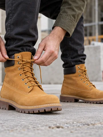 Yellow nubuck work boots being laced up on asphalt