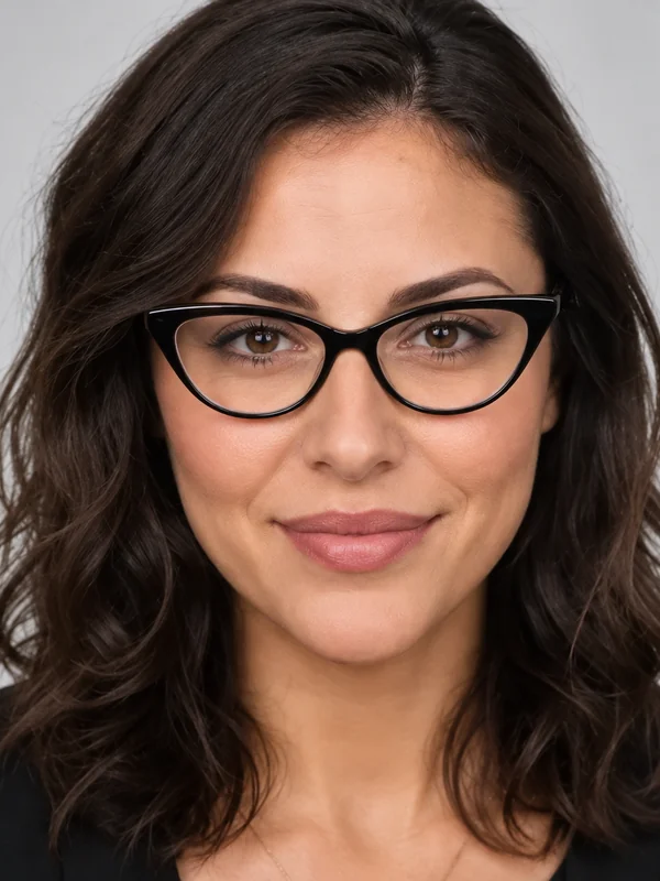 Woman with dark hair wearing black cat-eye glasses