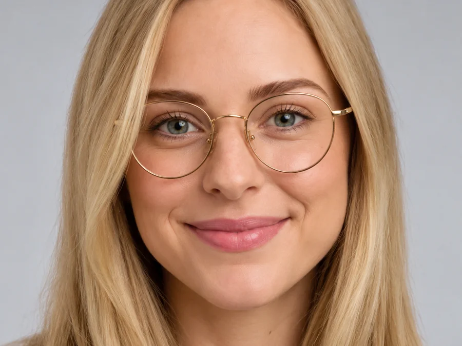 Close portrait of a woman wearing thin round glasses fitted at eye level