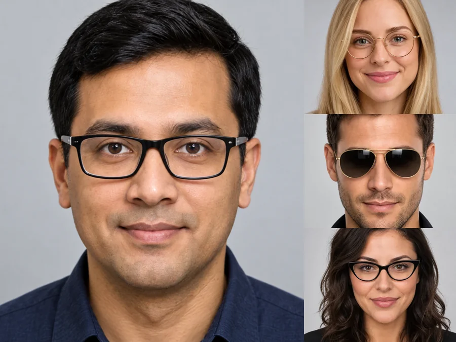 A man wearing black frames next to round, aviator, and cat-eye frame options