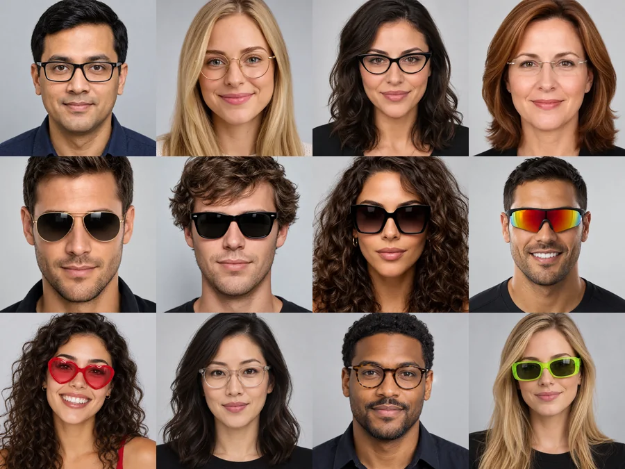 Grid of twelve people each wearing a different frame shape, from rectangle and round to aviator and sport wrap