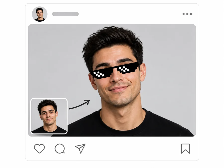 A social post showing a man before and after adding pixel meme sunglasses