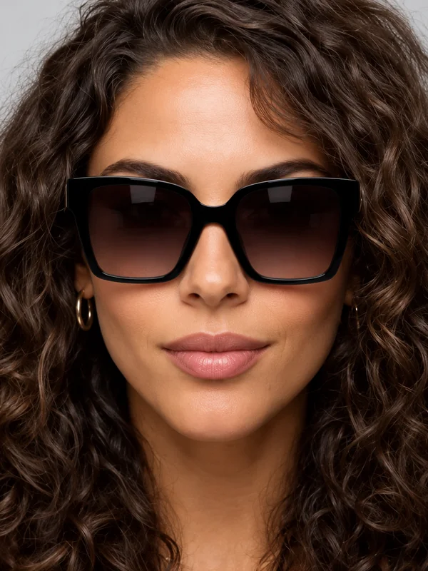 Woman with curly hair wearing oversized black sunglasses