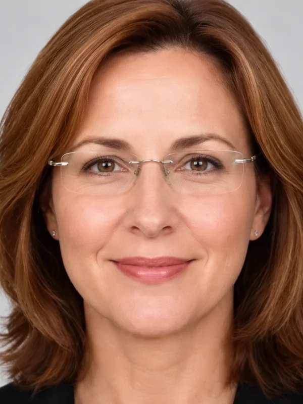 Woman with auburn hair wearing rimless glasses