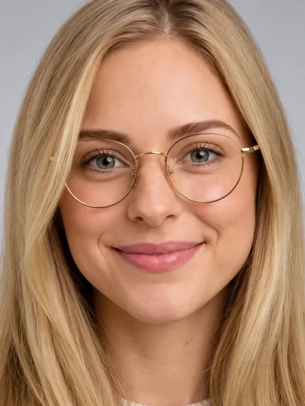 Blonde woman wearing thin round gold glasses