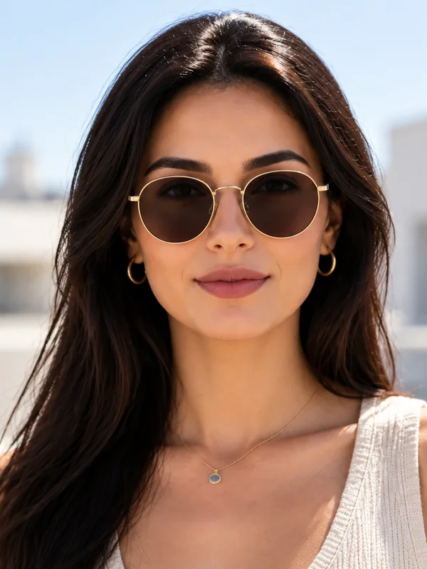 Woman wearing round sunglasses with brown lenses