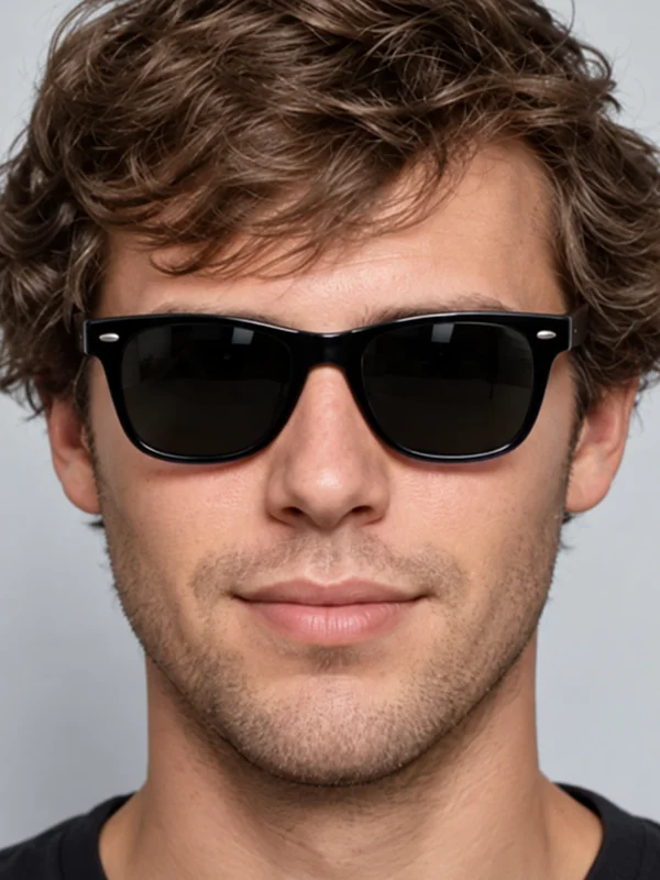 Man wearing black wayfarer sunglasses